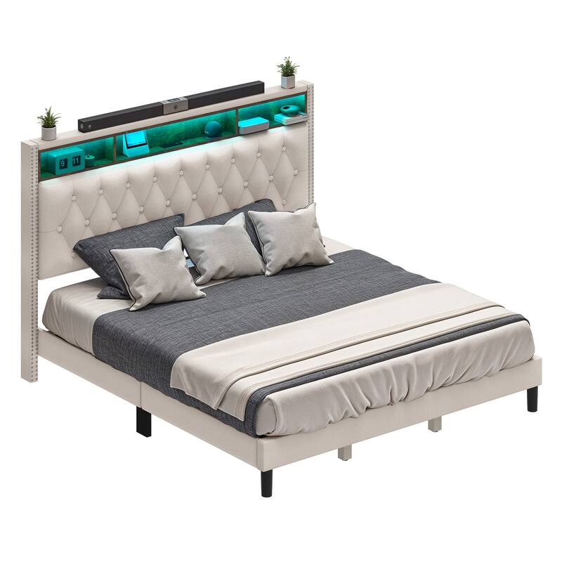 King Bed Frame with Headboard Platform Upholstered Bed Frame - Beige - King