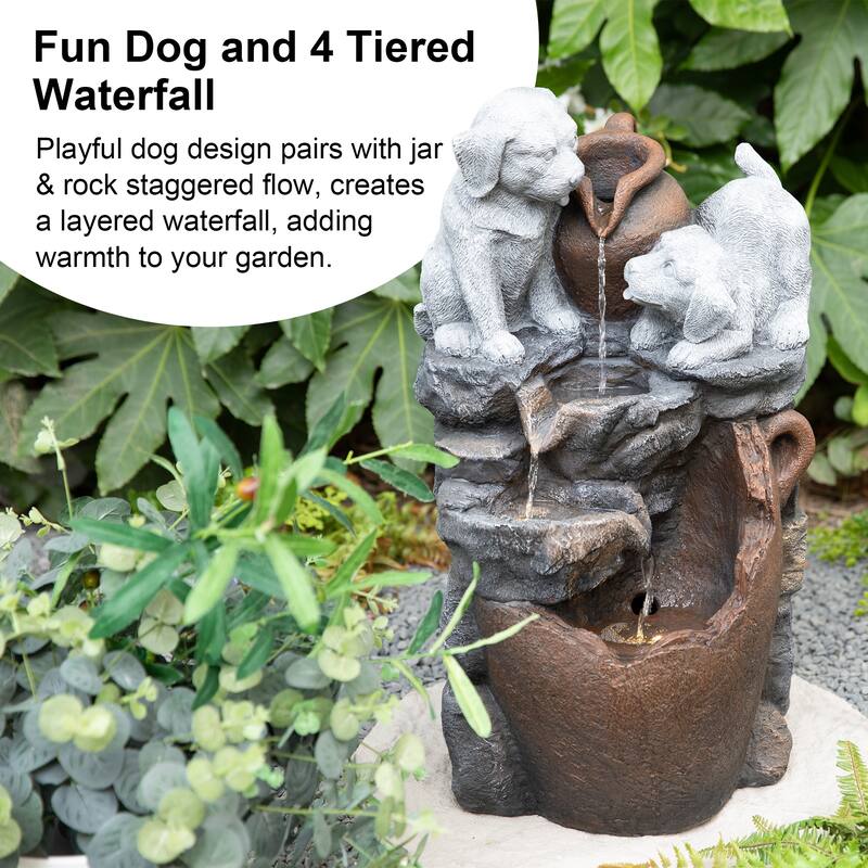 Glitzhome 4-Tiered Dogs or Elephant and Pot Polyresin Outdoor Fountain with Pump and LED Light