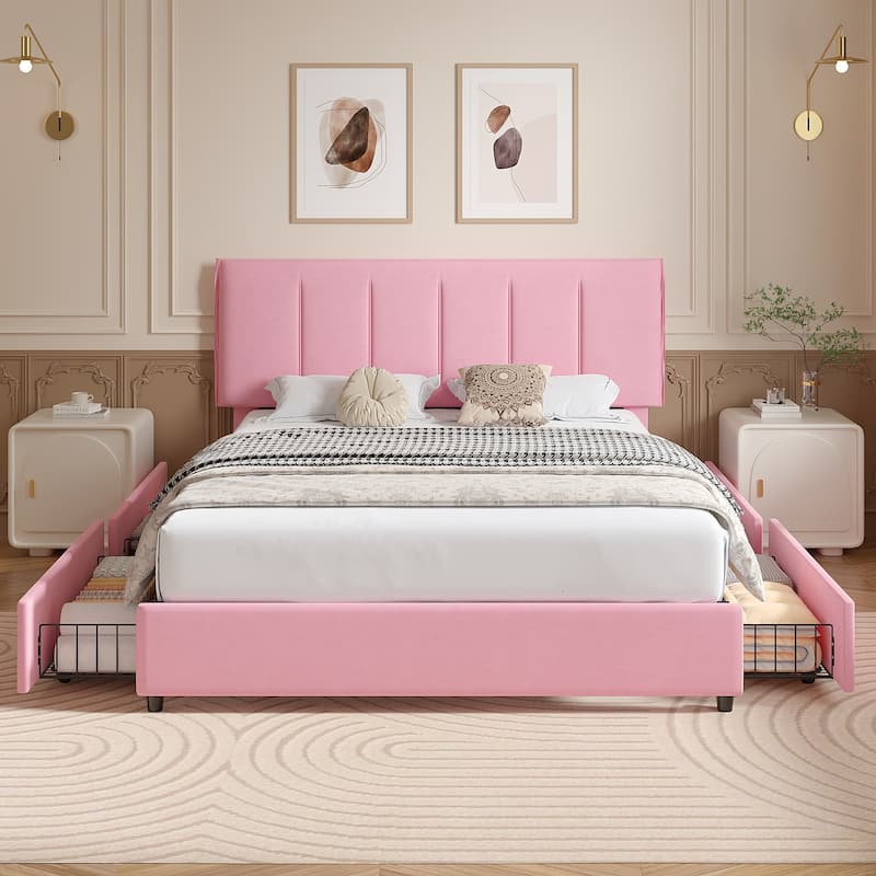 VECELO Bed Frame with 4 Storage Drawers, Upholstered Platform Bed Frame with Adjustable Headboard