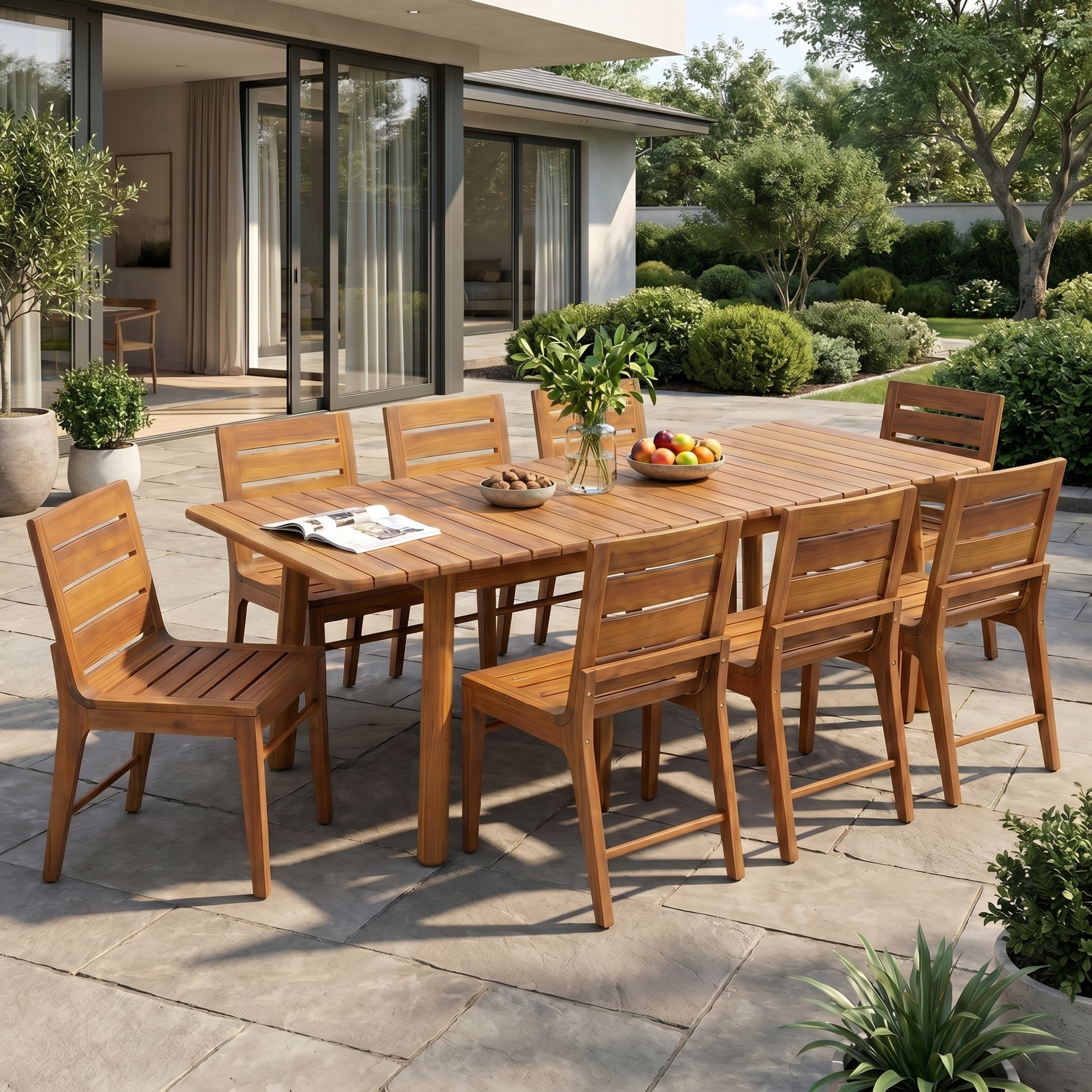 Christopher Knight Home - Girona 9-Piece Outdoor Dining Set, Expandable Acacia Wood Table & Ergonomic Slatted Back Chairs