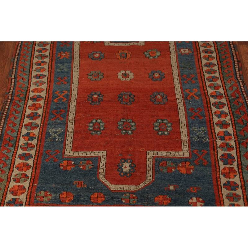 Hand Knotted Oriental 100% Wool Carpet Traditional Geometric Red Kazak Area Rug - 4' 9'' X 4' 0''