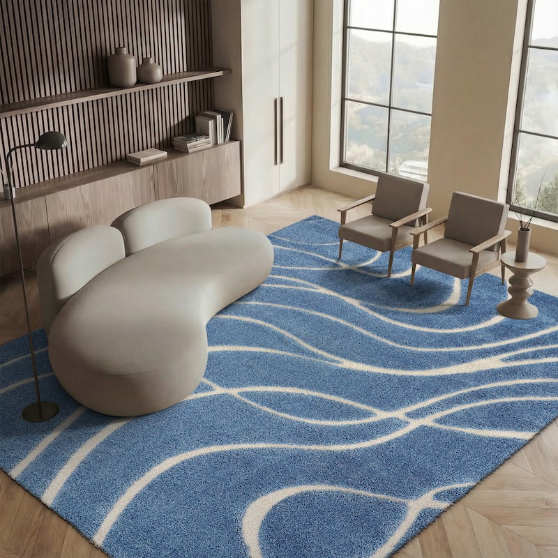 SAFAVIEH Florida Shag Staka Abstract Waves 1.2-inch Area Rug - 6' x 8' - Light Blue/Cream