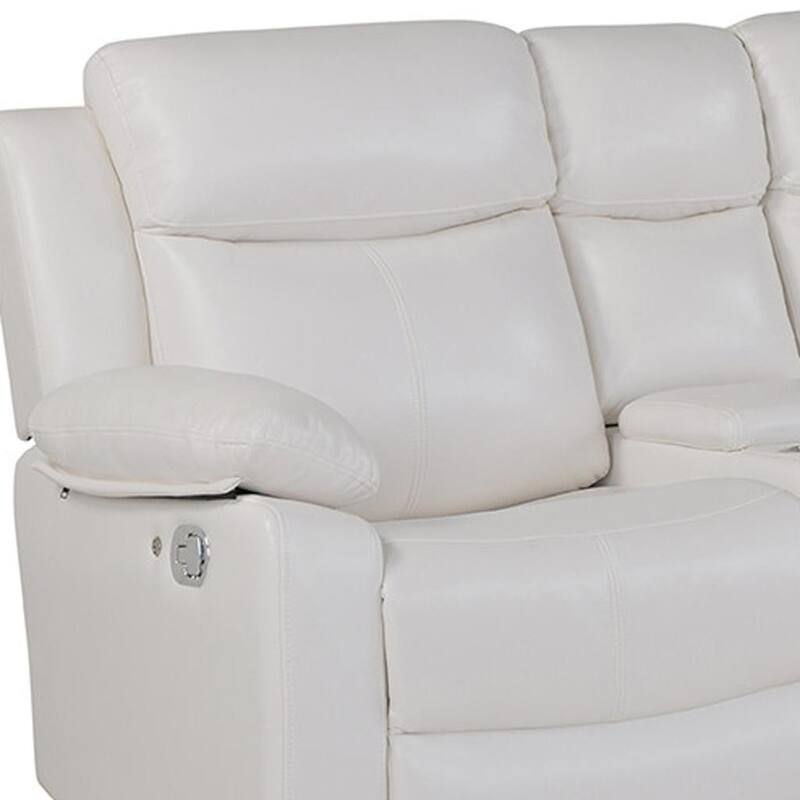 HomeRoots Off White Faux Leather Reclining Curved Six Piece Sectional With LED And Console