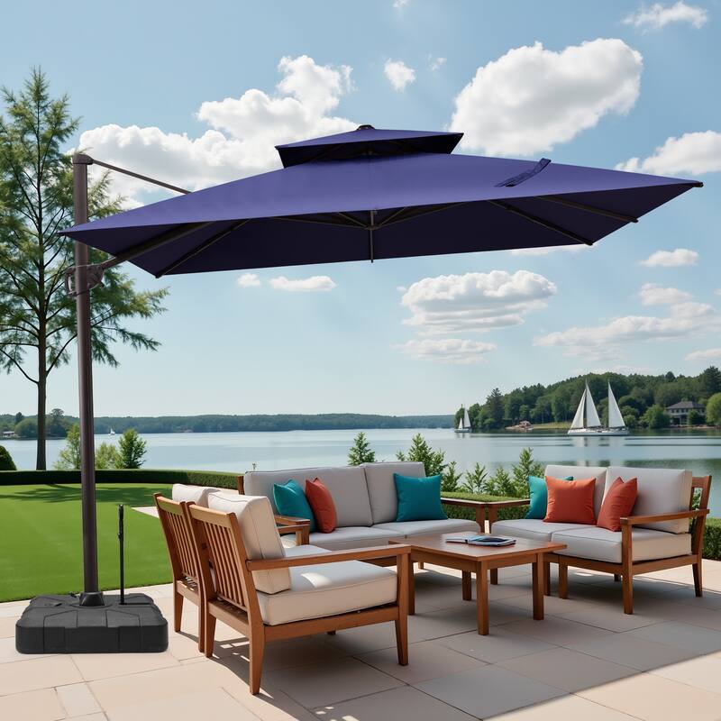 11 x 11 FT Outdoor Square Cantilever Offset Umbrella 360 Degrees Rotation with Base - Navy Blue
