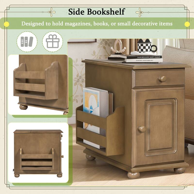 Vintage End Table with USB Ports and Multifunctional Drawer with Cup Holders