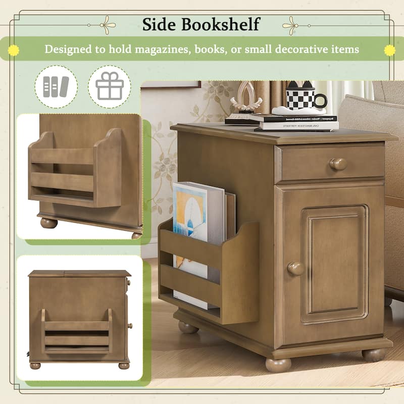 Vintage Side Table with USB Ports Flip Top and Storage Drawer - 22.8" H x 24.4" W x 12.6" D