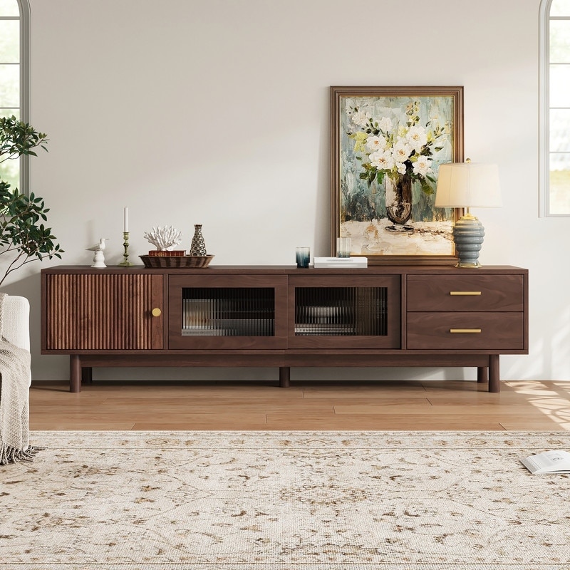 Mid Century Modern 70" TV Stand for TVs Up to 80", Media Entertainment Center with Glass Sliding Doors and Drawers