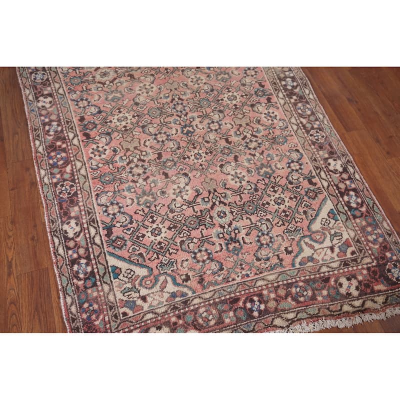 Pink Hamedan Vintage Persian Runner Rug Hand-Knotted Wool Carpet - 3'9" x 10'9"