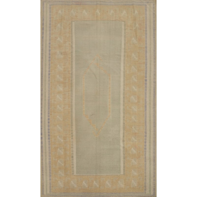Hand Woven Oriental 100% Wool Carpet Southwestern Tribal Beige & Ivories Kilim Area Rug - 9' 2'' X 6' 0''