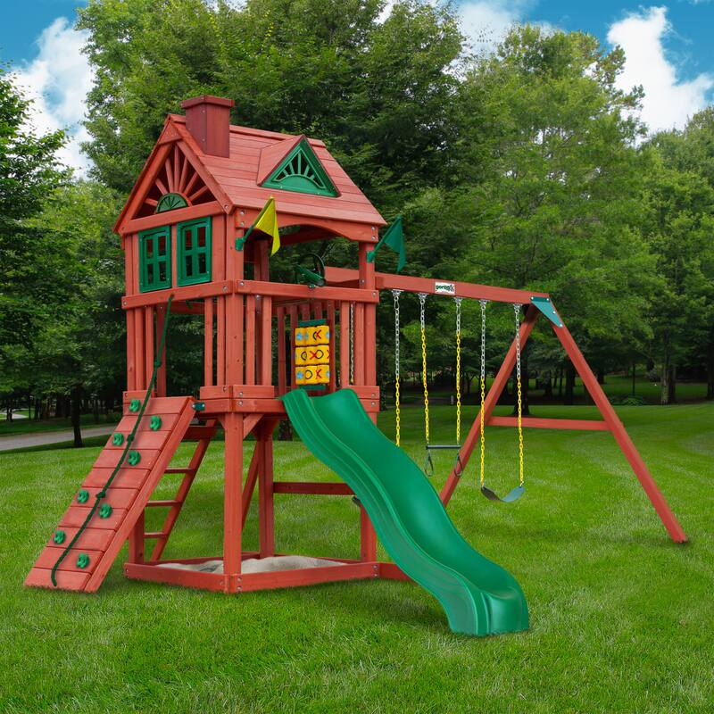Gorilla Playsets Nantucket II Wood Swing Set with Wave Slide - Redwood - 15.5 ft W x 13 ft D x 10.5 ft H