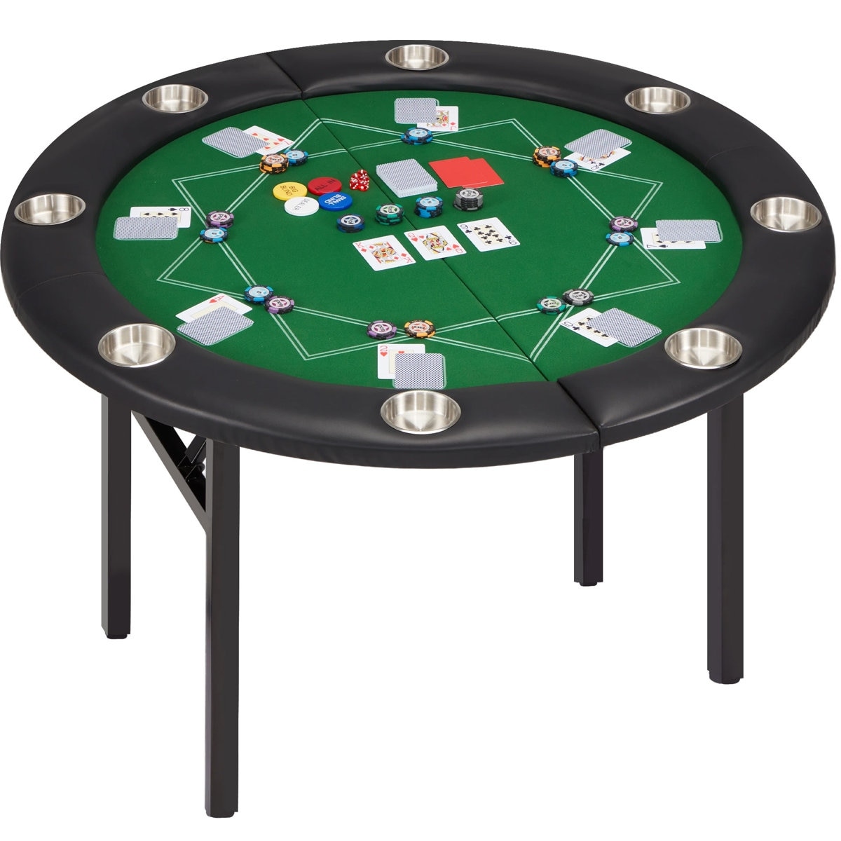 8-Player Round Folding Poker Table, Casino-Grade Felt Gaming Table with Stainless Steel Cup Holders & Padded Rail