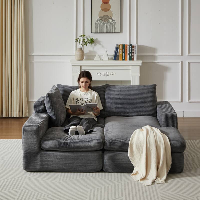 L-Shaped Sectional Sofa with Chaise Lounge, Corduroy Upholstered Boneless Couch, Module Corner Sofa with 3 Pillows