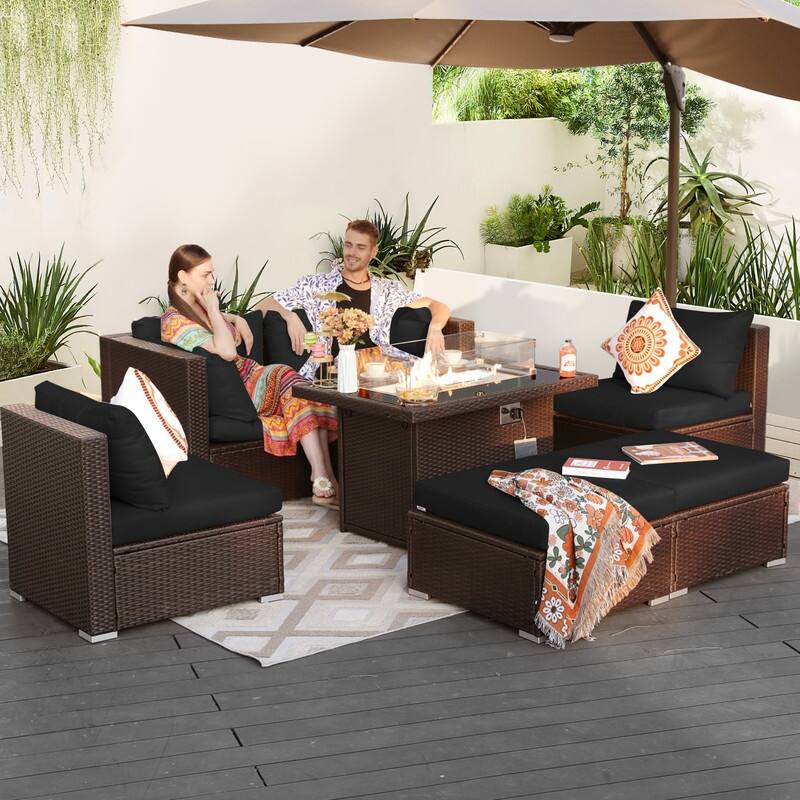 FINCATI Outdoor Wicker Patio Furniture Conversation Sectional Sofa Set - 7PCS-B - Black