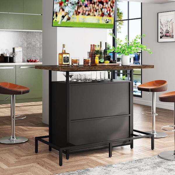 Home Bar Unit, Industrial 3-Tier Liquor Bar Table with Glasses