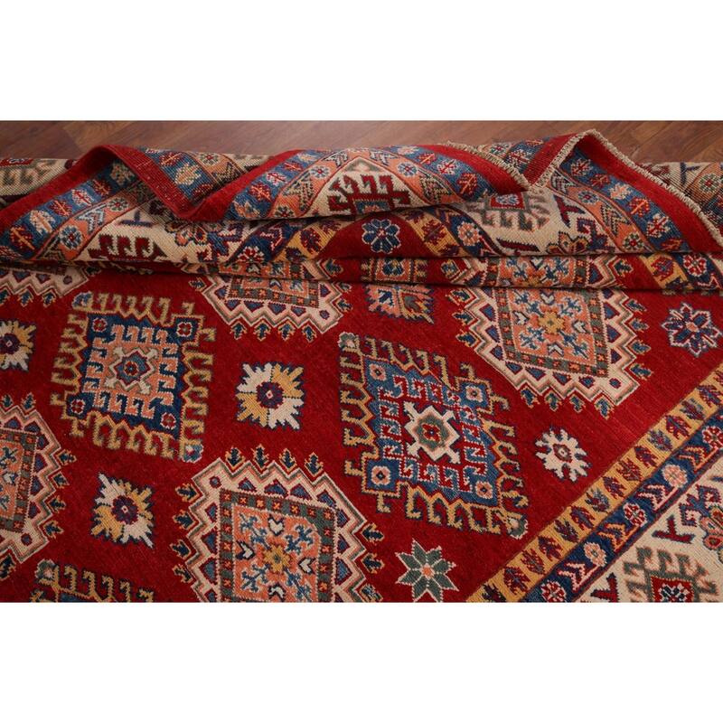 Hand Knotted Oriental 100% Wool Carpet Traditional Geometric Red Kazak Area Rug - 9' 6'' X 6' 7''