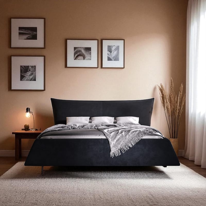 Queen/King Size Upholstered Platform Bed with Oversized Velvet Headboard, Solid Wood & Metal Frame, No Box Spring Needed - Black - Queen
