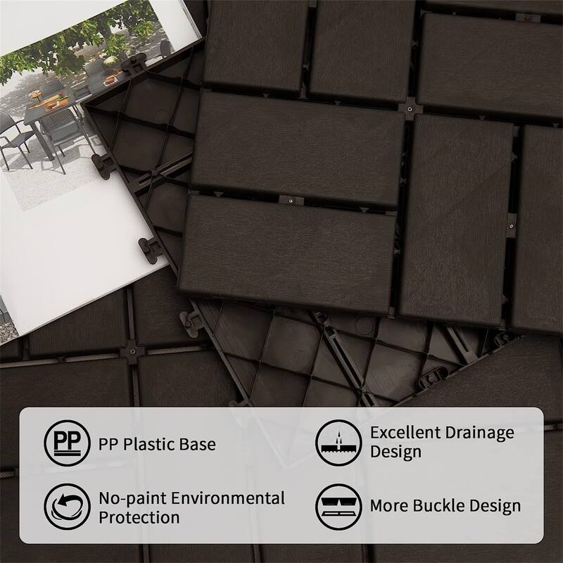 Patio Interlocking Deck Tiles, 12"x12" Square Composite Decking Tiles, Four Slat Plastic Outdoor Flooring Tile All Weather