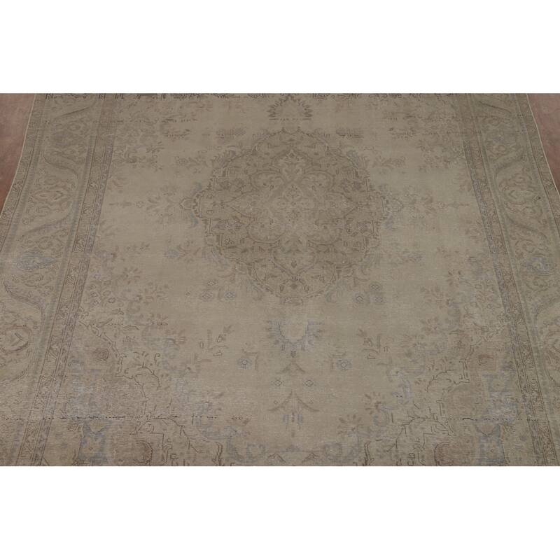 Tabriz Persian Vintage Rug Hand-Knotted Beige Geometric Wool Carpet - 9'2"x 13'0"