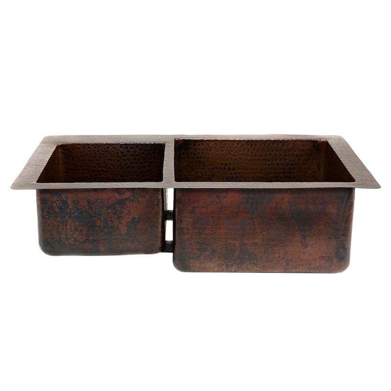 33-in Hammered Copper Kitchen 40/60 Double Basin Sink with Matching Drains, and Accessories (KSP3_K40DB33229)