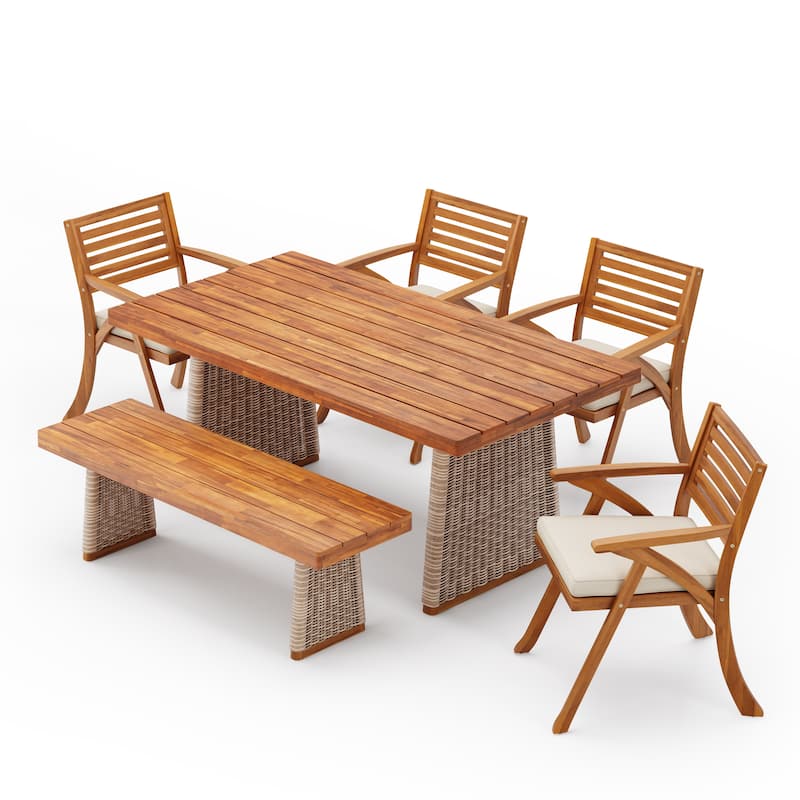 Christopher Knight Home - Mirelle Outdoor Acacia Wood 6 Piece Dining Set with Rattan Legs and Water Resistant Cushions