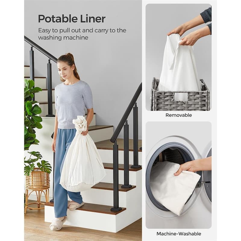 3-Compartment Laundry Bin with Lid and Wheels Large Rattan Hamper with Pull Handle and Pocket - 27.6”L x 14.2”W x 26”H