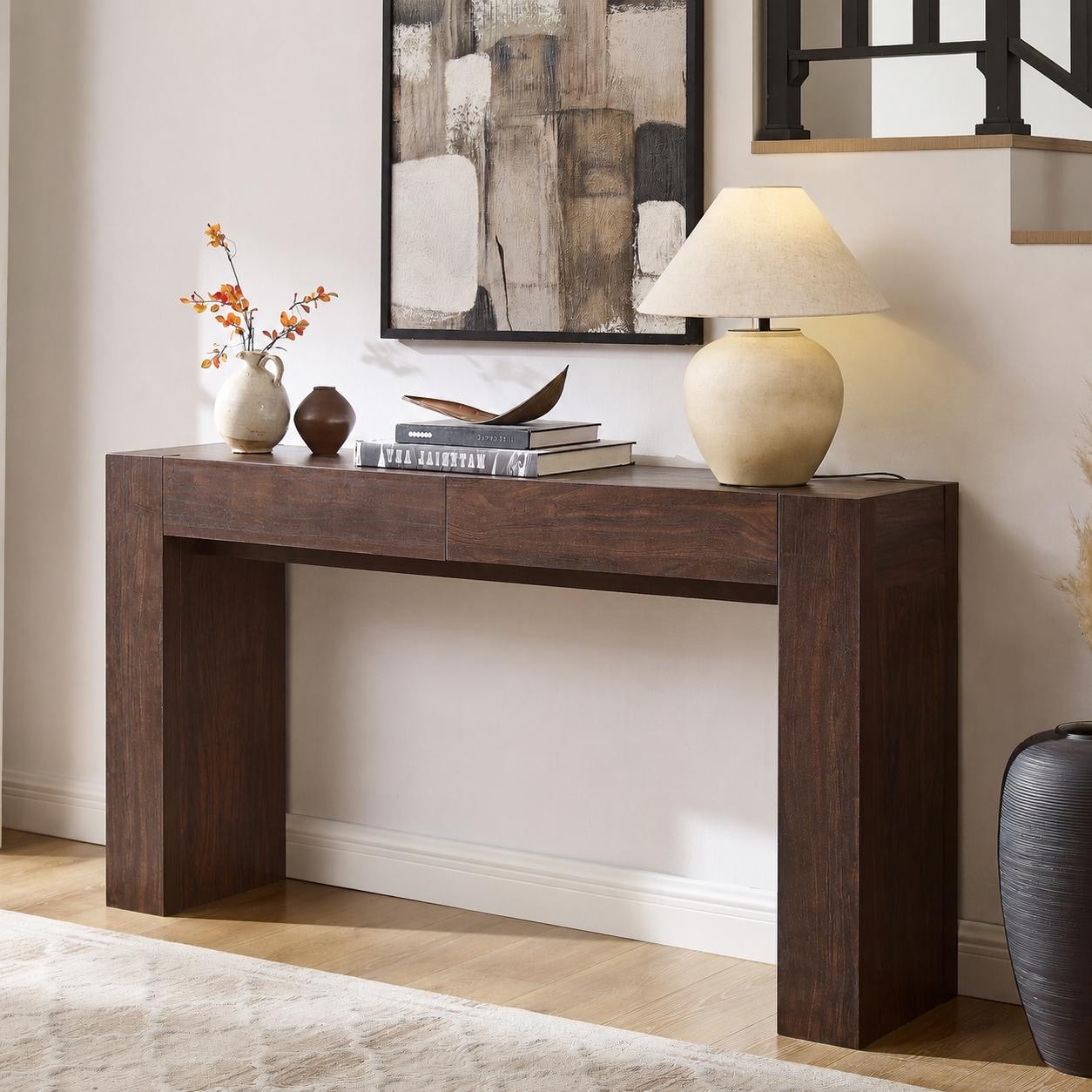 Modern Entryway Console Table, Thick Wood Sofa Table with Drawers