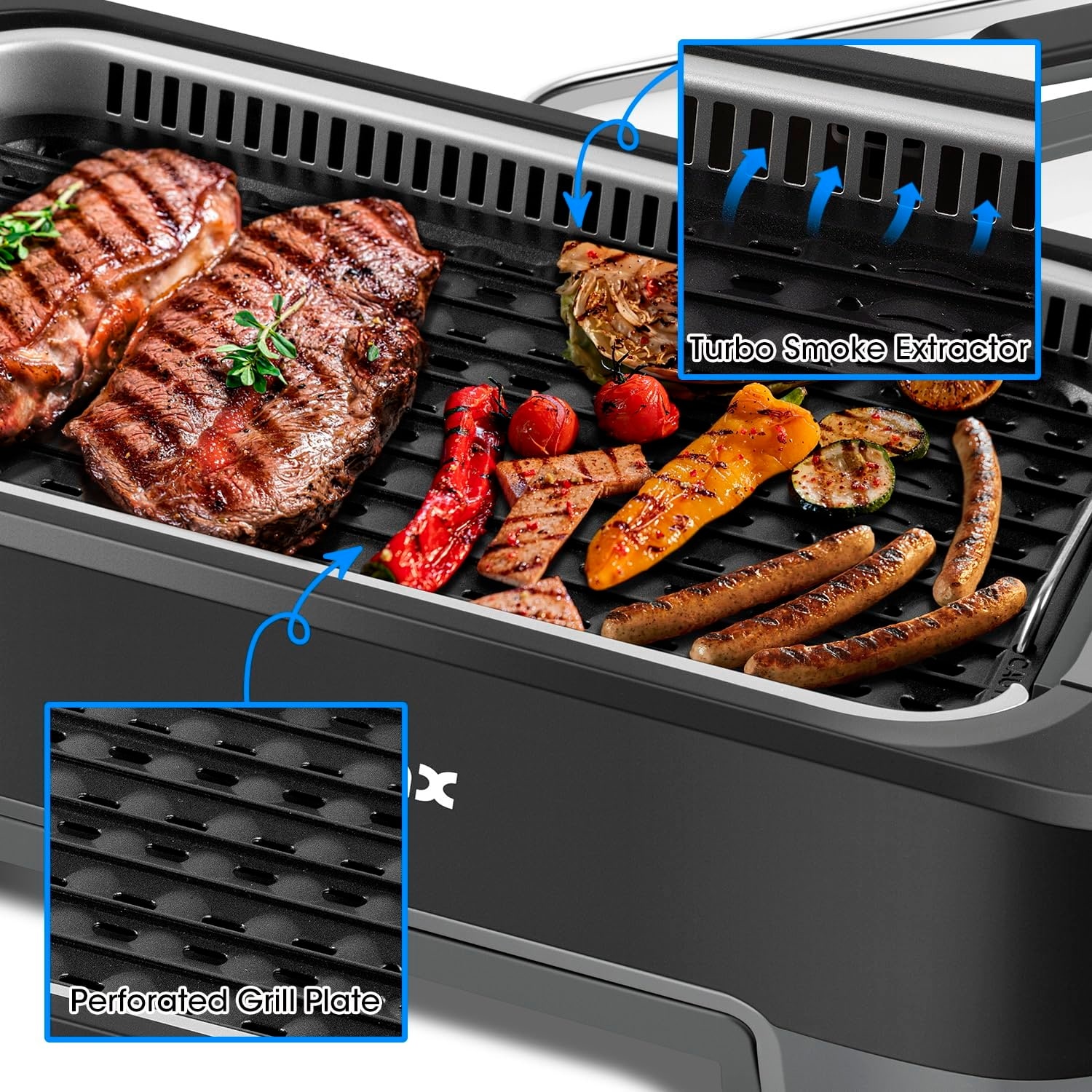  Indoor Grill, Smokeless Indoor Electric Grill & Griddle with  Turbo Smoke Extractor Technology, Non-stick Cooking Surfaces, Tempered  Glass Lid, 1500W Quick Heating, Great for Party: Home & Kitchen