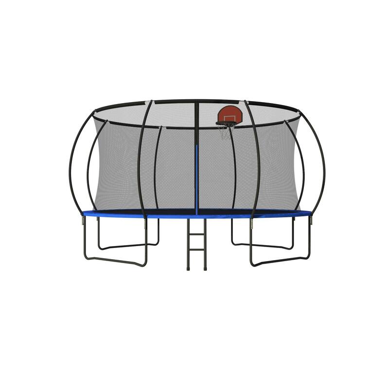 Pumpkin Trampoline - Basketball Hoop, Safety Enclosure Net, Ladder, Outdoor Use - Black+Blue - 168.11
