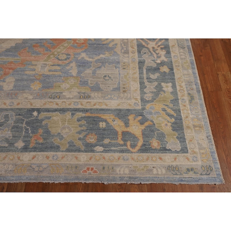 Blue Oushak Turkish Rug Handmade Vegetable Dye Wool Carpet - 9'3"x 11'11"