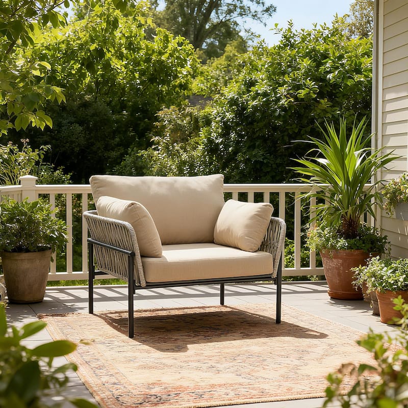 Christopher Knight Home - PureNest 36" Beige and Light Wood-Tone Rope Iron Lounge Chair with Cushions - 1-Piece - Grey+Beige