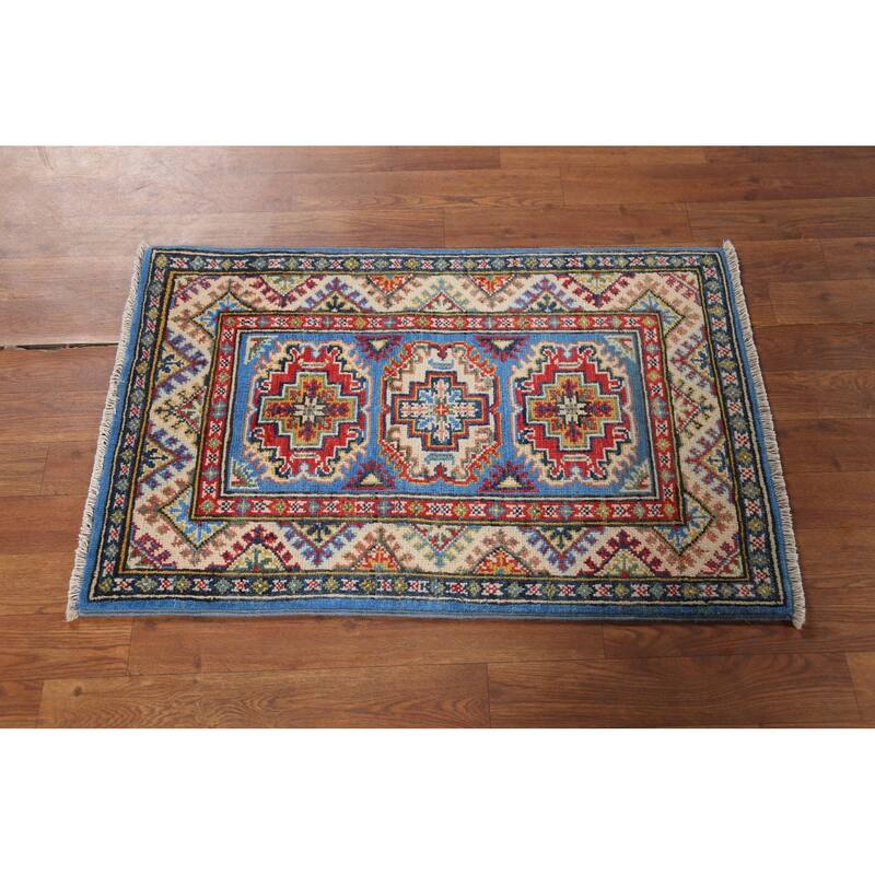 Geometric Blue Kazak Oriental Accent Rug Hand-Knotted Wool Carpet - 2'1"x 2'10"