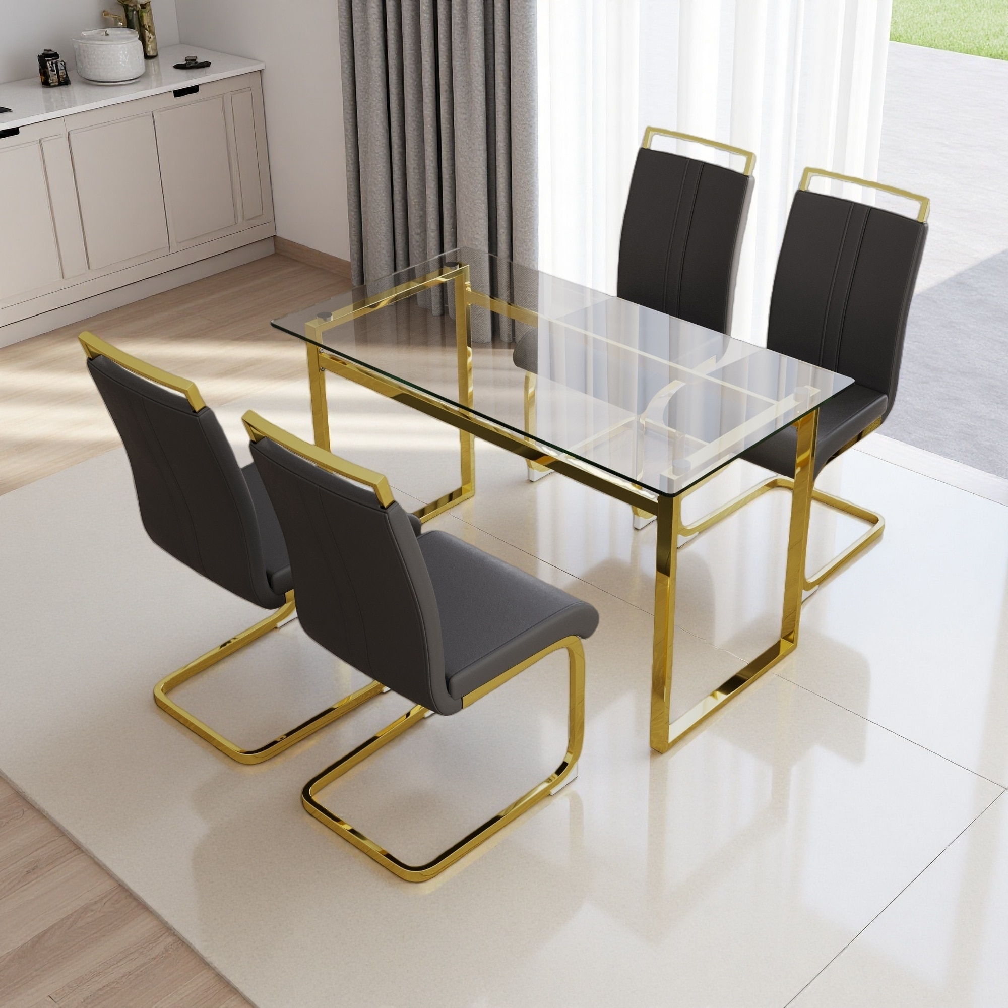 5-Piece Dining Set with Glass Table and Upholstered Chairs