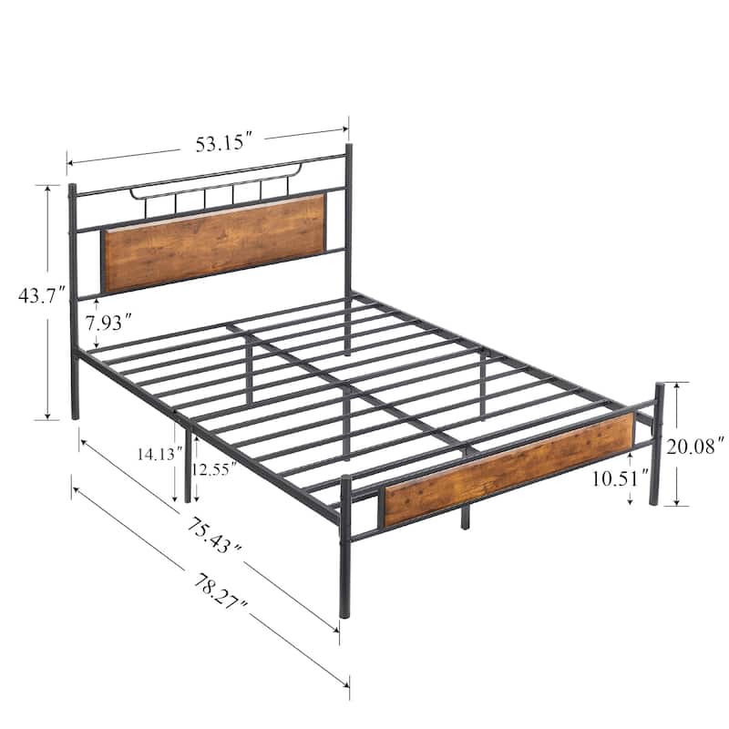 Javlergo Metal Platform Bed Frame with Wooden Headboard, No Box Spring Needed, Brown