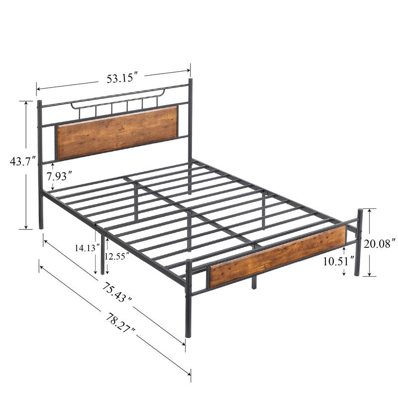 VECELO Industrial Bed Frame with Wood Headboard,Twin/Full/Queen Size Bed, Black/Brown/Slate-3 colors