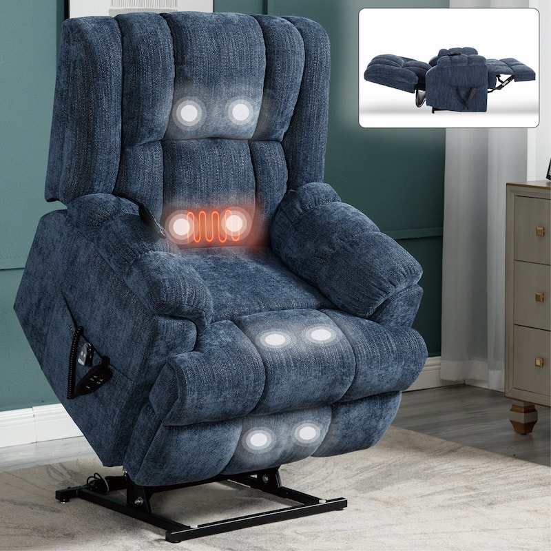 Oversized Chenille Upholstered Power Lift Massage Recliner with Massage, Lumbar Heating, 180° Flat Lay