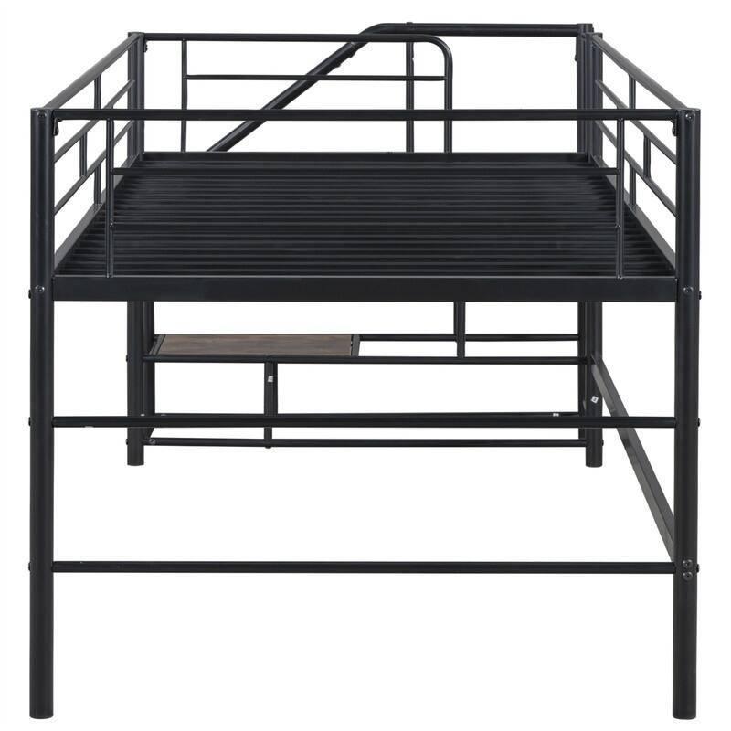 Twin Size Mid Loft Bed with Storage Stairs, Heavy Duty Metal Loft Bed Frame with Guardrails, Kids Playhouse Bed with Slats