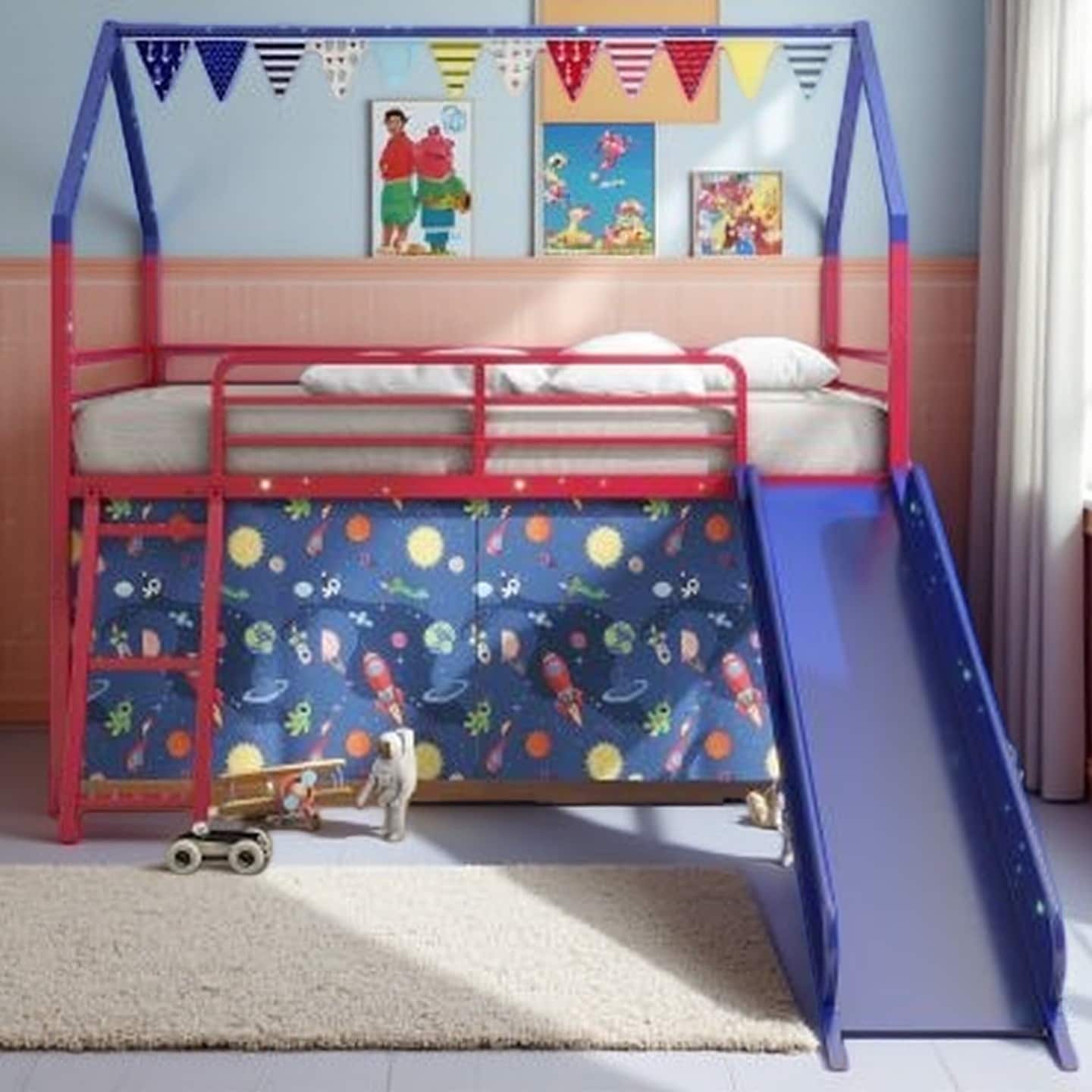 Twin Metal Loft Bed with Slide and Playhouse Design, Safety Guardrails, Decorative Curtains, Banner Flags & Glow Star Stickers