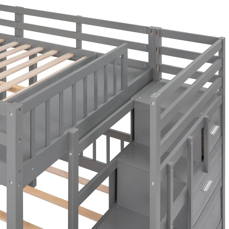 Space-Saving Full Over Twin & Twin Bunk Bed with Drawers and Guardrails, Gray