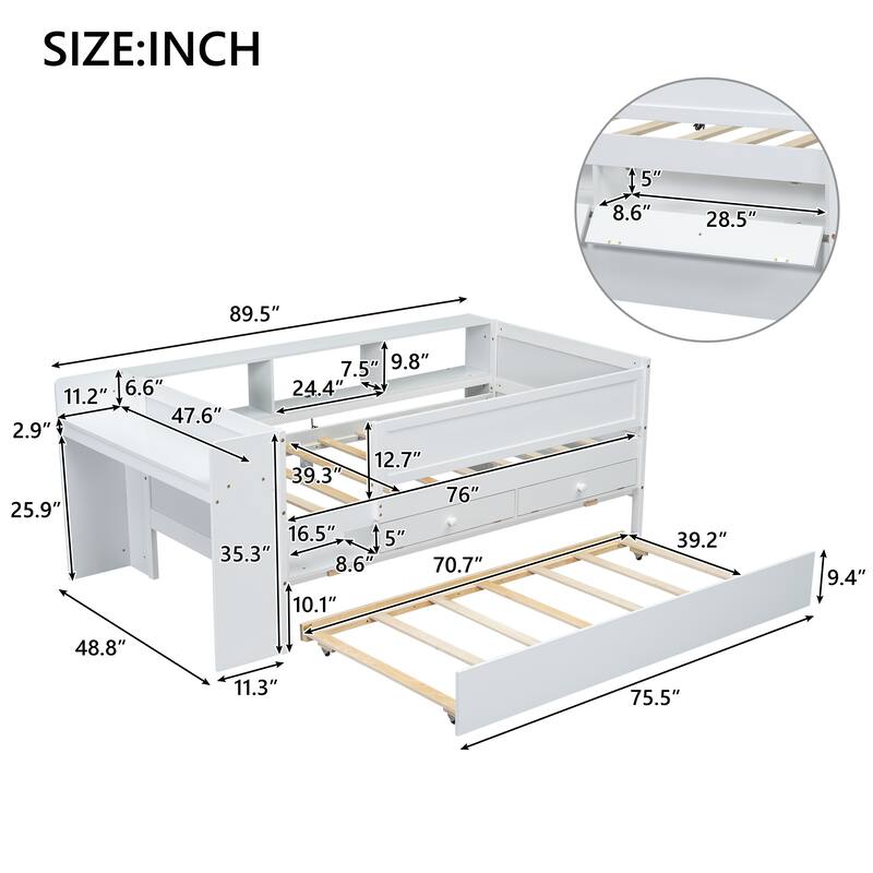 Multi-Functional Twin Daybed with Storage, Trundle, Desk, and USB Charging Station, White