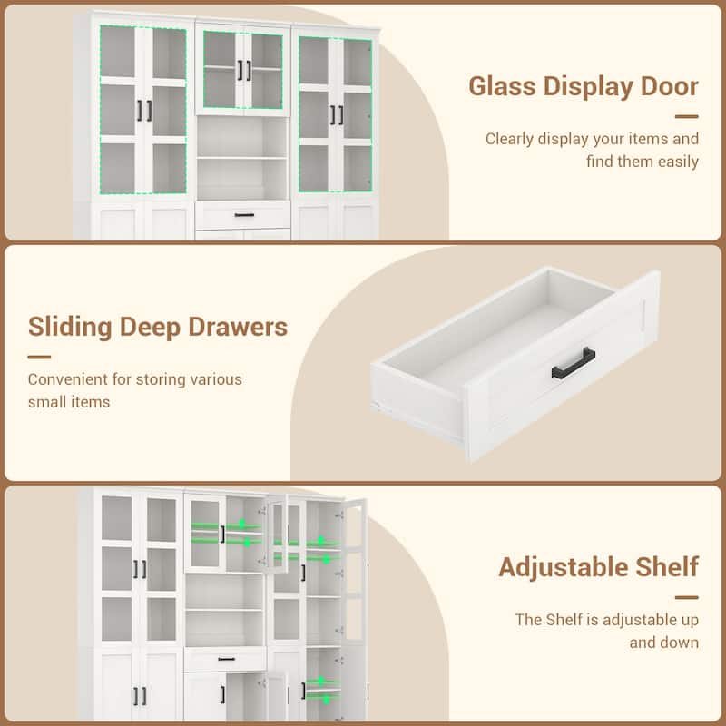 Set of 3 Freestanding Display Bookcase with Glass Doors & Adjustable Shelves & Drawer, for Living Room, Dining Room,Home Office.