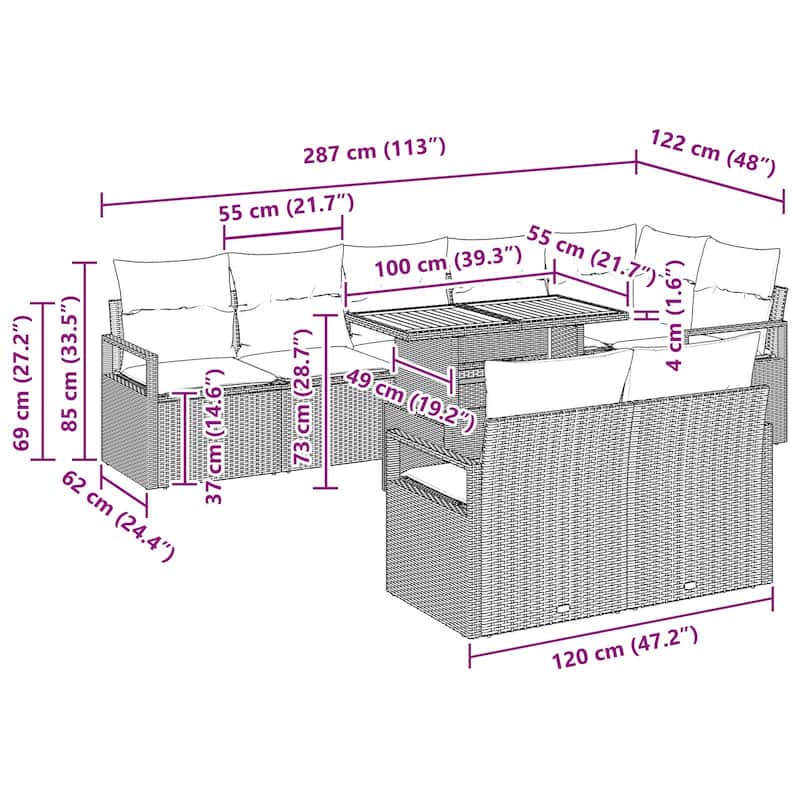 vidaXL 9 Piece Garden Sofa Set with Cushions - 113×48×27.2