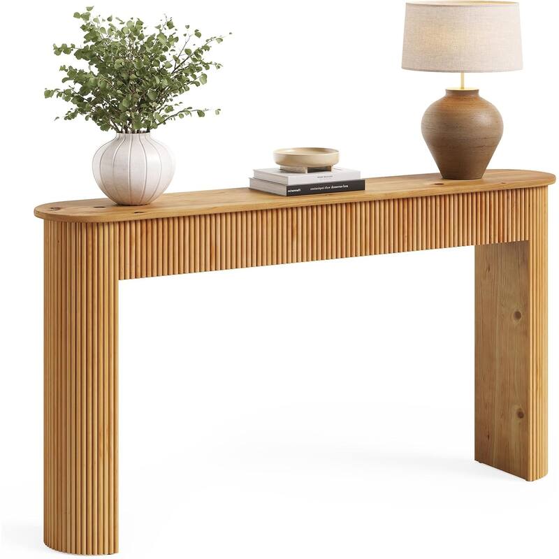 Solid Wood Console Table, 63" Long Retro Entryway Table with Vertical Fluted Stripes