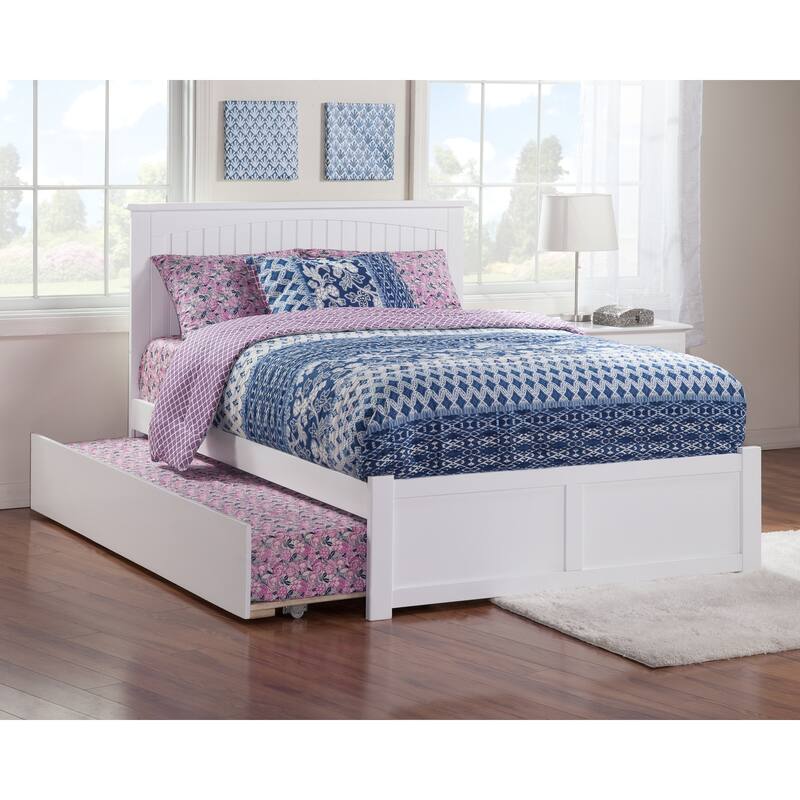 Queen Platform Bed with Footboard, Turbo Charger, and Twin XL Trundle in White for Coastal or Rustic Style