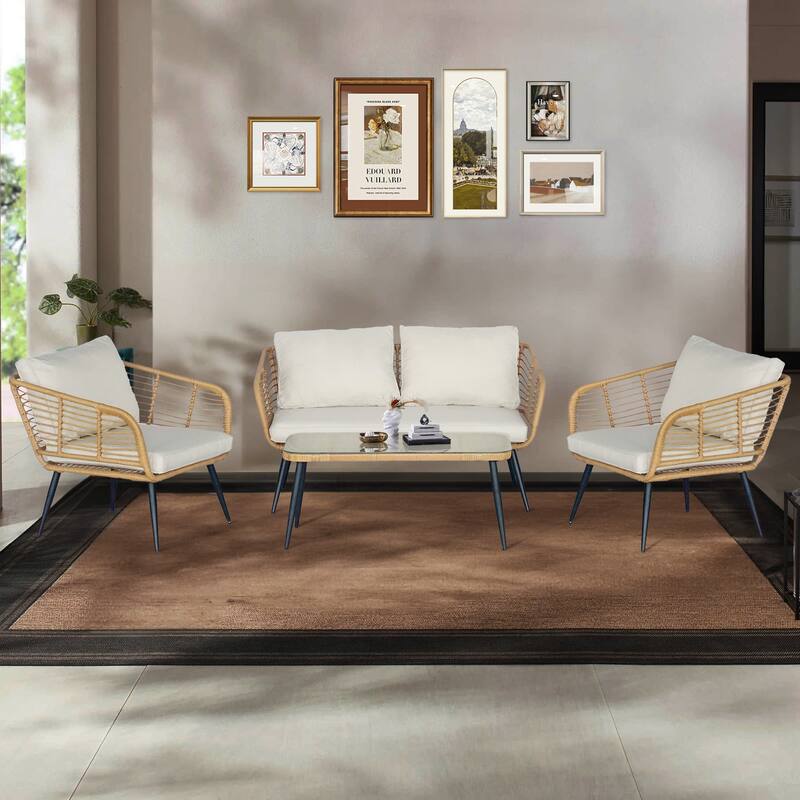 4-Piece Outdoor Patio Furniture Set with Cushions & Tempered Glass Table, Rattan Bistro Set for Garden, Porch, Backyard