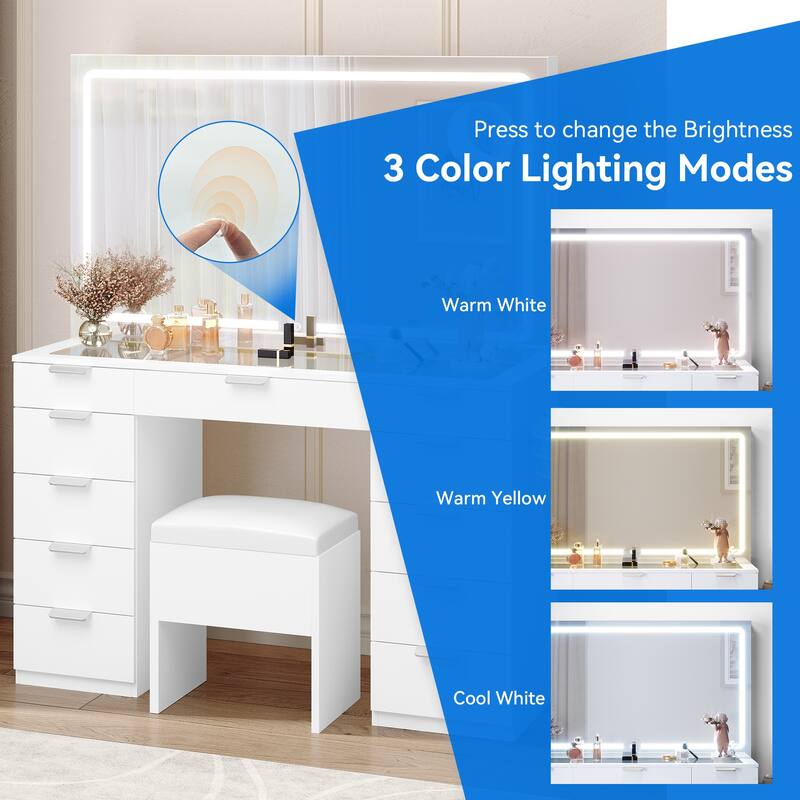 Makeup Table 11 Drawers Vanity Desk LED Lighted Mirror Glass Tabletop Bedroom - 46"L X 15.7"W X 55.9"H