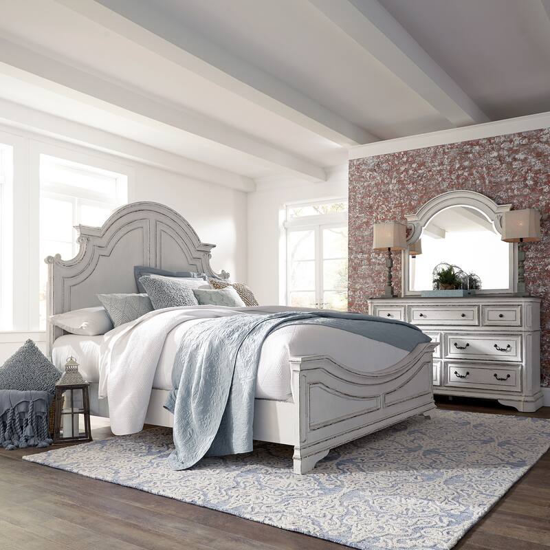 Magnolia Manor Panel Bed, Dresser and Mirror Set - Antique White - Queen