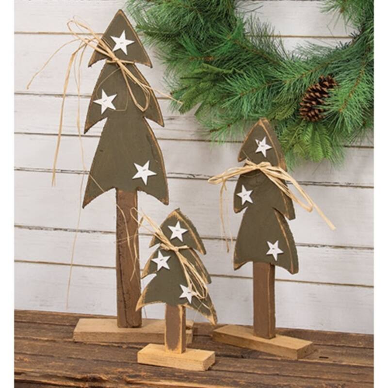Rustic Wood Christmas Tree w/White Stars on Base - 10.75"H