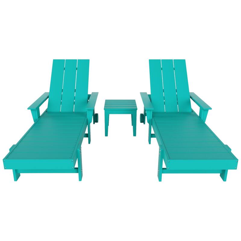 Polytrends Shoreside Modern Poly Reclining Eco-friendly Chaise Lounge With Arms, Wheels, and Side Table (3-Piece Set)