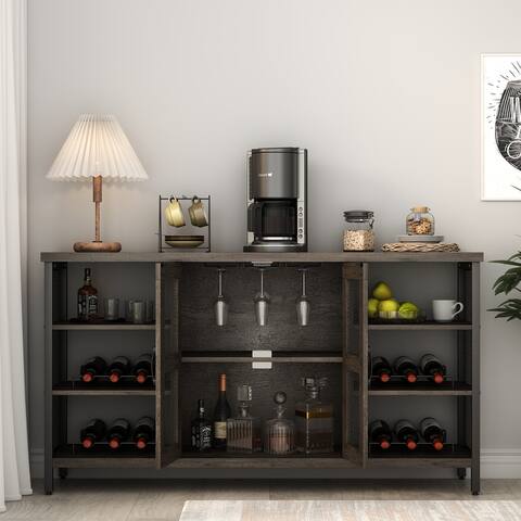 Wine cabinet for wine and glass, rustic wood wine cabinet with storage, multifunctional floor wine cabinet for living room