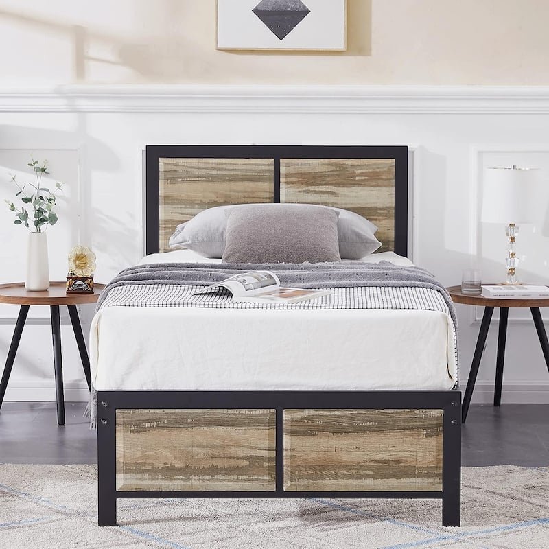 VECELO Set of 2 Platform Twin Beds 12.6" Elevated Storage Space MDF Partitioned Headboard & Footboard No Box Spring Needed